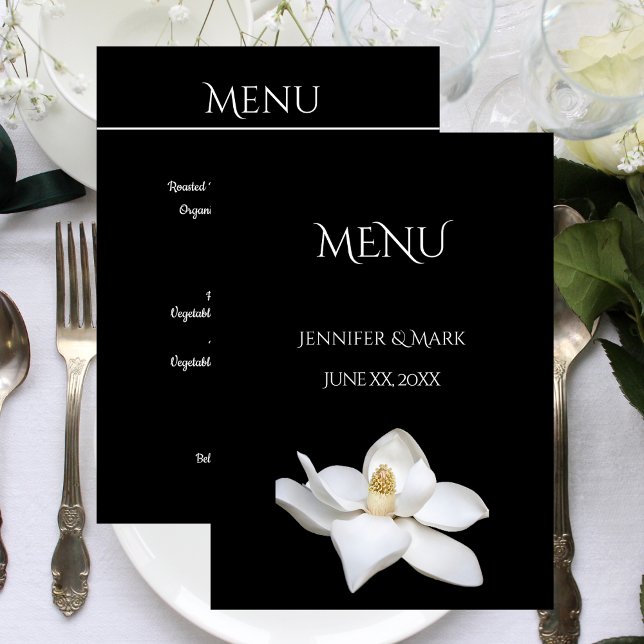 Menu mariage Blanc Magnolia Noir et Blanc (Wedding Menu White Magnolia Black and White)
