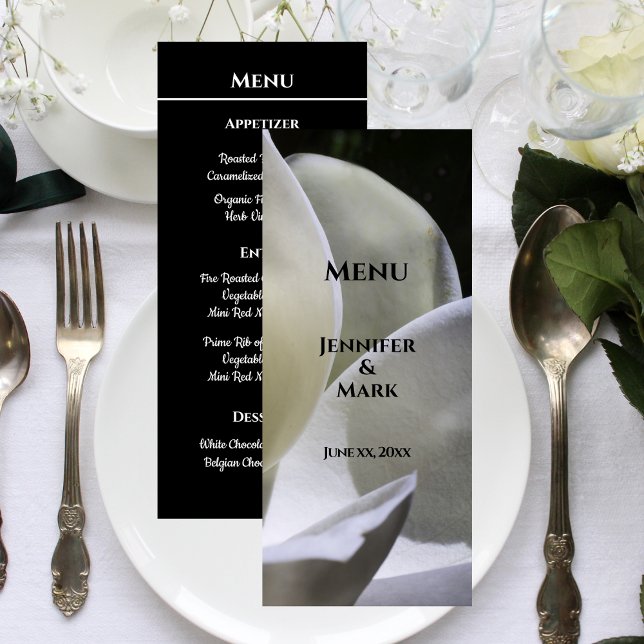Menu mariage Blanc Magnolia Noir et Blanc (Wedding Menu White Magnolia Black and White Card)