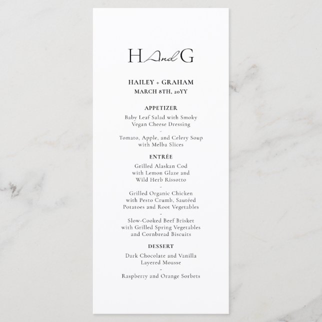 Menu Mariage blanc monogramme minimaliste classique (Devant)