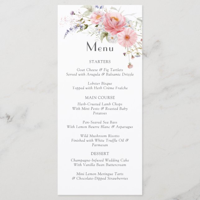 Menu Mariage blanc rose Fleur sauvage (Devant)