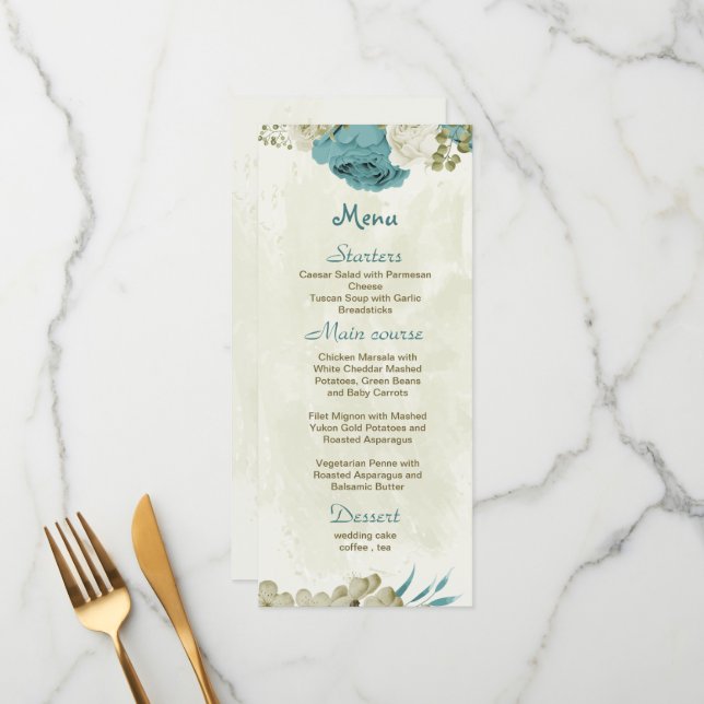 Menu mariage bleu blanc fleurs verdure (Devant/Arrière en situation)