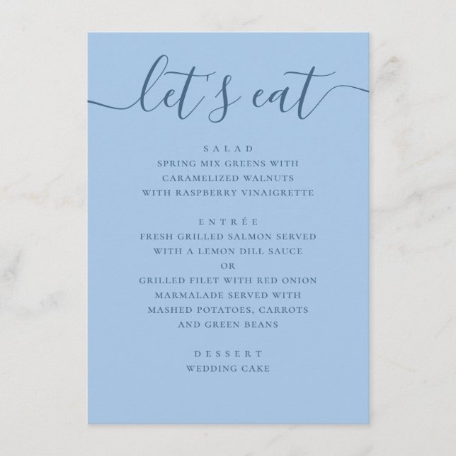 Menu Mariage Bleu ciel pastel. Dîner de réception, mang (Devant)