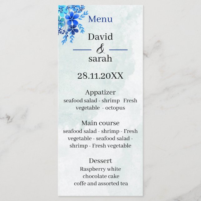 Menu Mariage bleu élégant personnalisé (Devant)