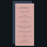 Menu Mariage bleu et blanc de la marine moderne<br><div class="desc">Elégant menu personnalisé bleu marine et mariage bleu avec une police de script moderne. Personnalisez facilement en ligne. Des articles assortis sont disponibles pour compléter ce menu minimaliste bleu marine et mariage roux.</div>