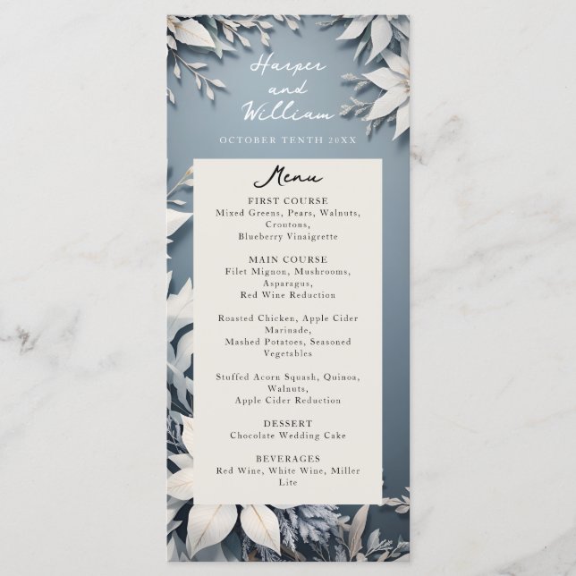 Menu mariage bleu et blanc pour mariage d'hiver (Devant)