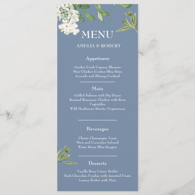 Menu Mariage bleu et blanc poussiéreux (Devant)