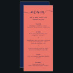 Menu Mariage bleu et corail de la marine moderne<br><div class="desc">Elégant menu personnalisé marine bleu et corail mariage avec une police de script moderne. Personnalisez facilement en ligne. Articles assortis disponibles pour compléter ce menu minimaliste mariage.</div>