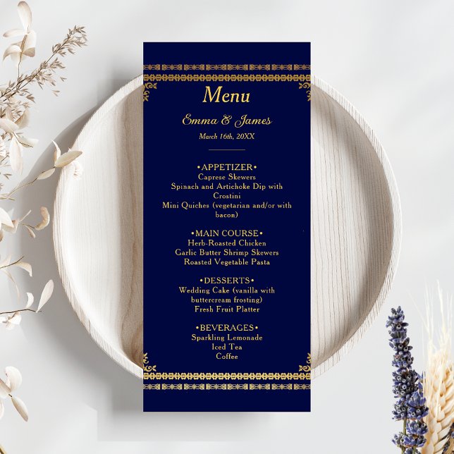 Menu Mariage bleu et or de luxe Marine (Créateur téléchargé)