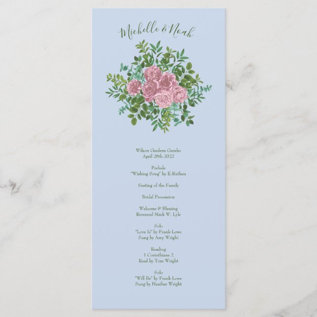 Menu Mariage bleu et rose Pastel Printemps Floral (Devant)