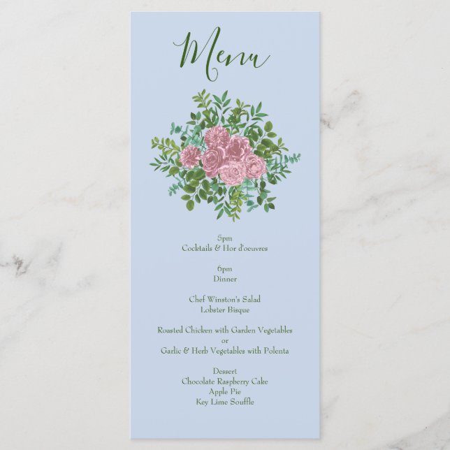 Menu Mariage bleu et rose Pastel Printemps Floral (Devant)
