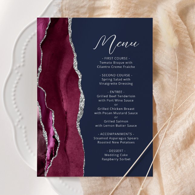 Menu Mariage bleu marine argenté à motif d'agate de Bou (Créateur téléchargé)