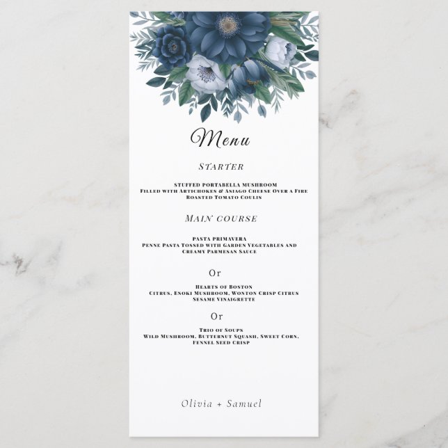 Menu Mariage bleu marine et bleu clair élégant (Devant)