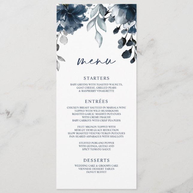 Menu Mariage Bleu Marine Floral Végétal Argent (Devant)