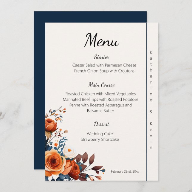 Menu Mariage bleu marine moderne et orange brûlé (Devant / Derrière)