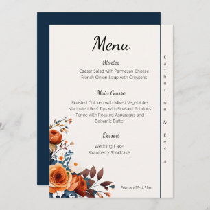Menu Mariage bleu marine moderne et orange brûlé