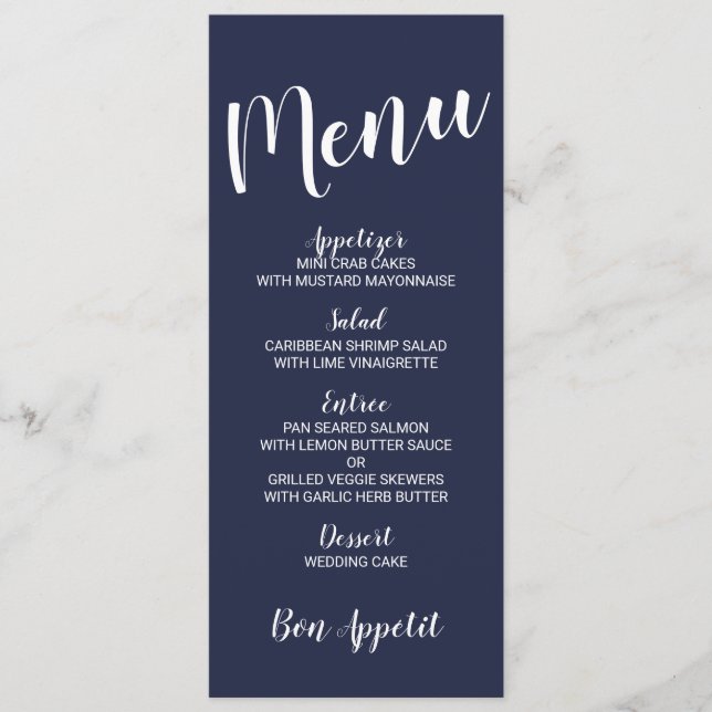Menu Mariage bleu marine moderne Script marine (Devant)