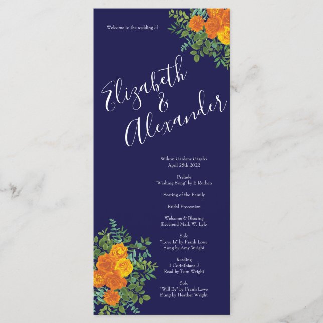 Menu Mariage bleu marine Rose orange (Devant)