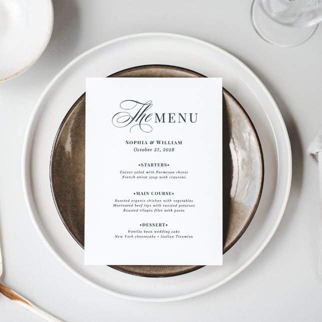 Menu Mariage Bleu Nuit et Blanc | Luxe Classique  (Créateur téléchargé)