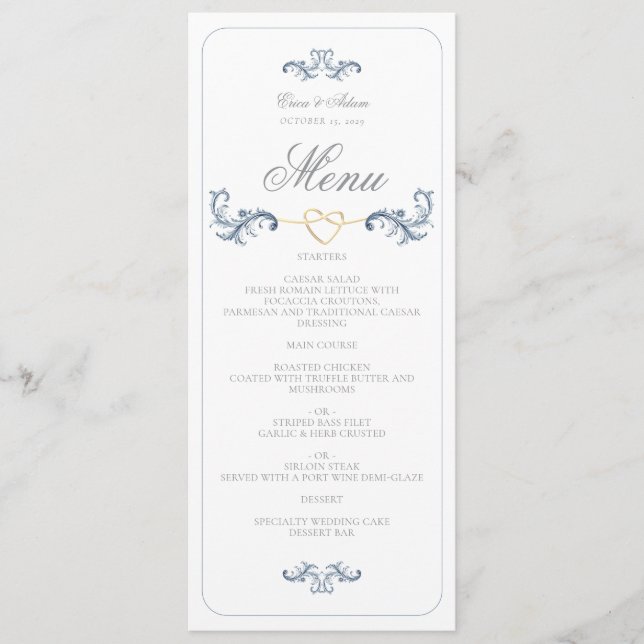 Menu Mariage bleu vintage Dusty (Devant)