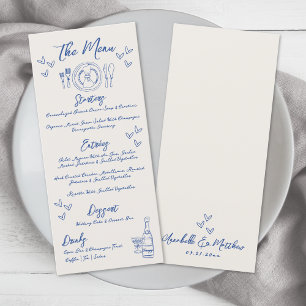 Menu Mariage Bleu Vintage Fantaisiste Dessiné à la Main
