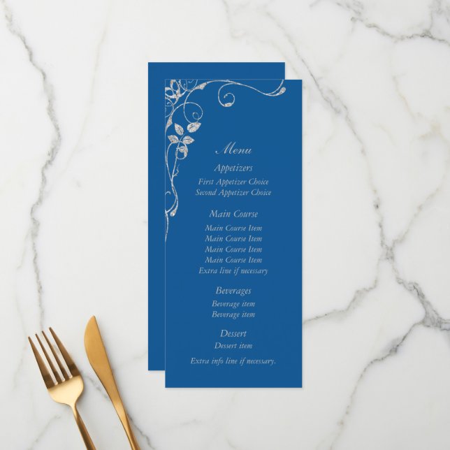 Menu Mariage Blue Faux Diamond Heart Swirl (Devant/Arrière en situation)