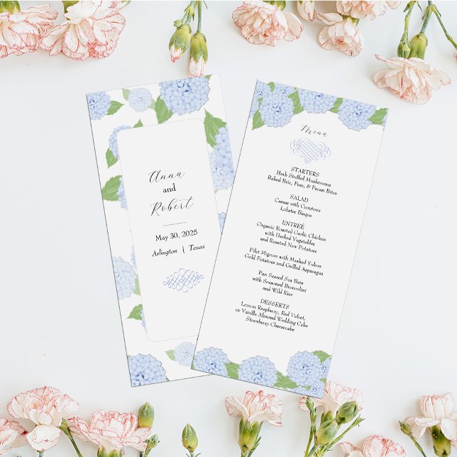 Menu Mariage Blue Hydrangea Watercolor (Créateur téléchargé)