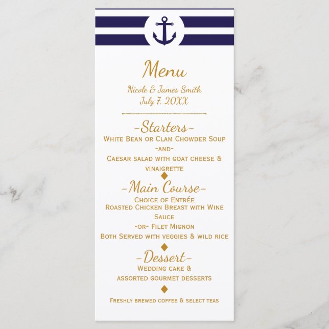 Menu Mariage Blue Nautical Ancre & Stripes (Devant)