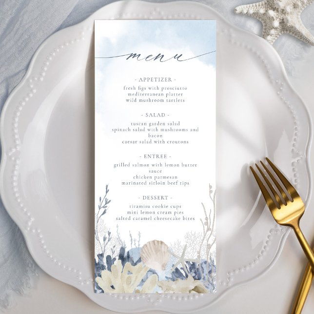 Menu Mariage Bohème Aquarelle Bleu Corail de Plage (Créateur téléchargé)