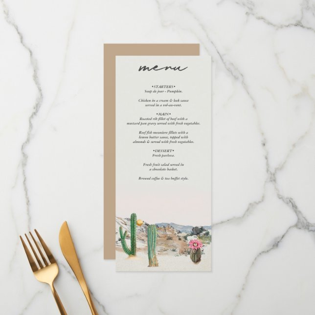 Menu Mariage bohème au cactus du désert à l'aquarelle (Devant/Arrière en situation)