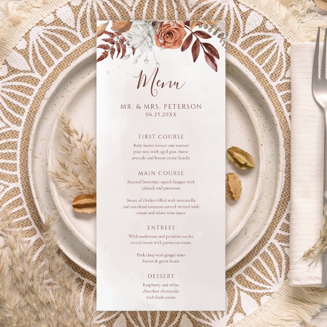 Menu Mariage Bohème Automnal Fleurs Terracotta Rouille (Créateur téléchargé)