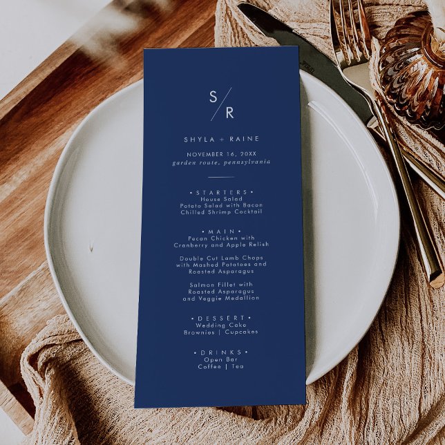 Menu Mariage Bohème Chic Bleu Royal Monogramme (Créateur téléchargé)