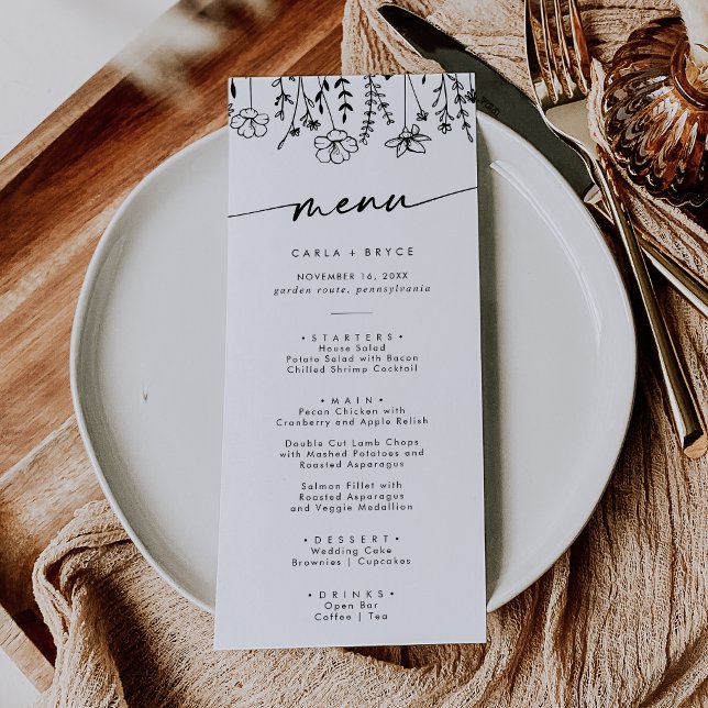 Menu Mariage Bohème Chic Fleur de Champ Noir et Blanc (Créateur téléchargé)
