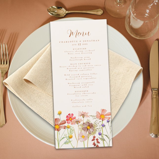 Menu Mariage Bohème d'Automne aux Fleurs Rustiques (Boho floral rustic fall wedding menu burnt orange script watercolor wildflowers beige cream ivory)