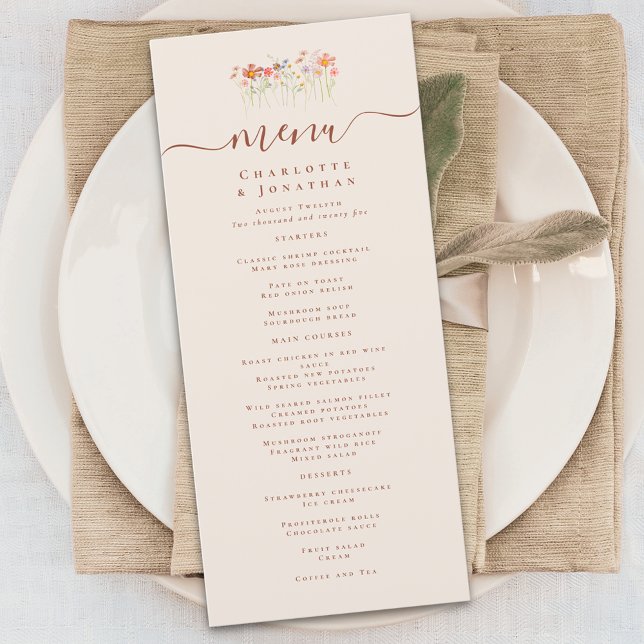 Menu Mariage Bohème d'Automne aux Fleurs Sauvages (Elegant boho fall Wildflower floral beige tan Wedding menu card terracotta rust script)