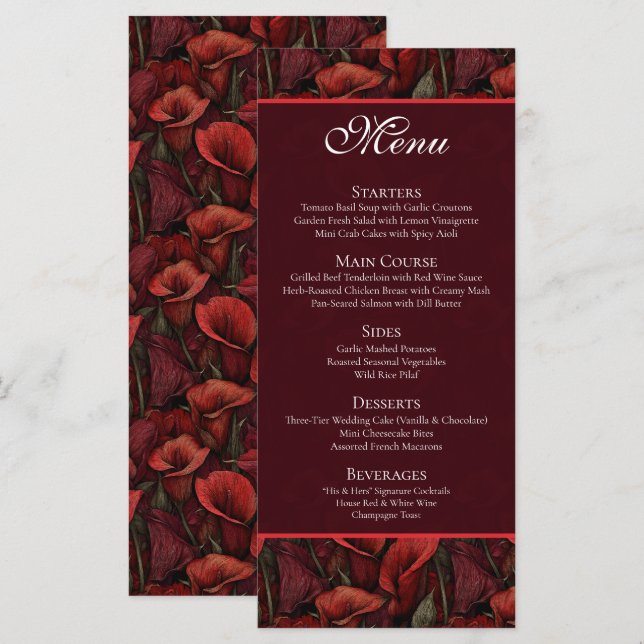 Menu Mariage Bohème de Pétales de Lys de Callas Rouges  (Devant / Derrière)