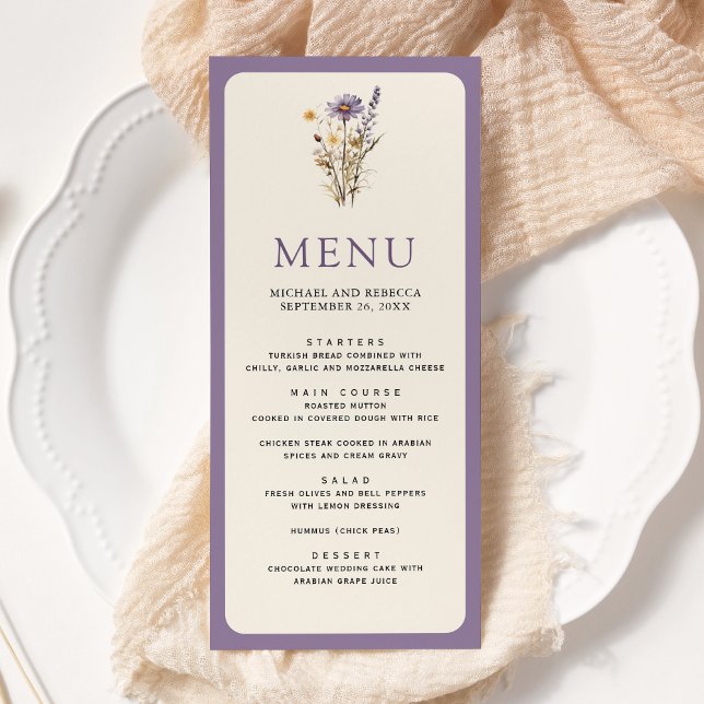 Menu Mariage Bohème Fleur Sauvage Violet Poussiéreux (Créateur téléchargé)
