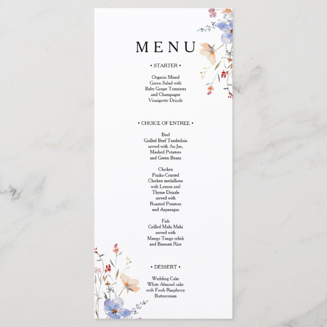 Menu Mariage bohème floral aux fleurs sauvages (Devant)