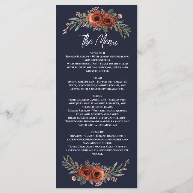 Menu Mariage Bohème Floral Terracotta Navy (Devant)