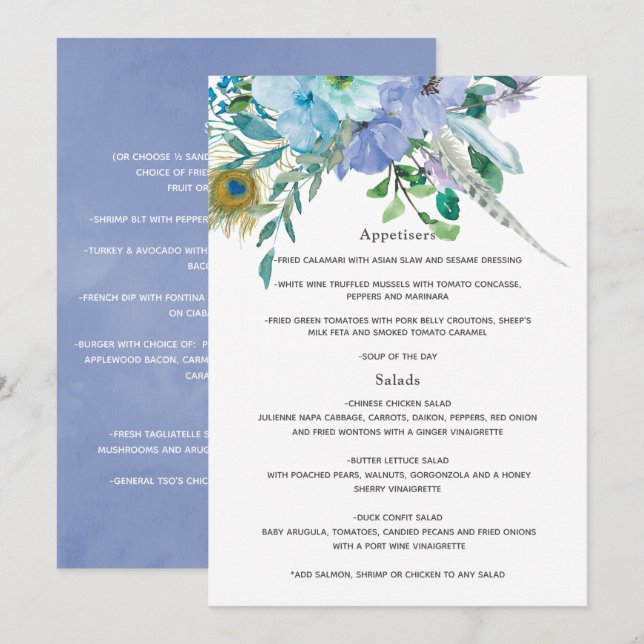 Menu Mariage Bohème Menthe et Bleu (Devant / Derrière)