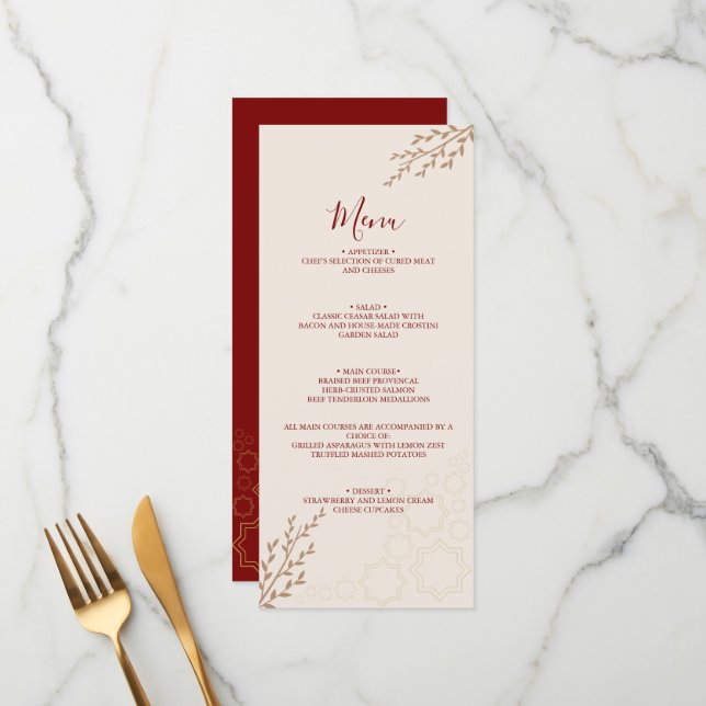 Menu Mariage Bohème Moderne Terracotta Orange Brûlé (Devant/Arrière en situation)