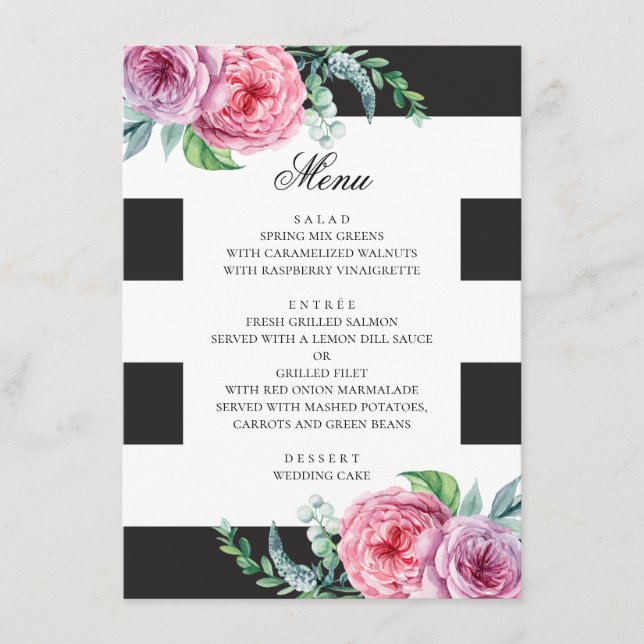 Menu Mariage bohème noir et blanc. Floral rose aquarell (Devant)