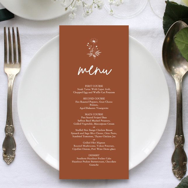 Menu Mariage Bohème Terracotta Fleur Sauvage Rustique (Rustic wildflower terracotta boho wedding menu enhances tables with warm personalized charm)