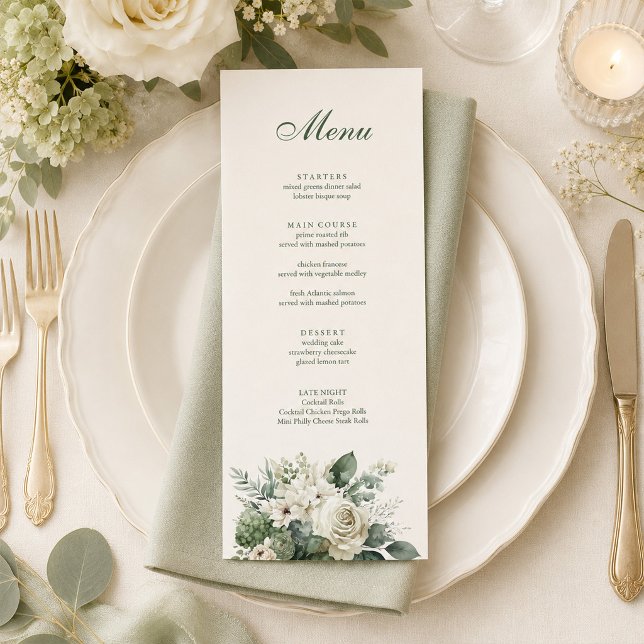 Menu Mariage Bohème Vert Sauge et Fleurs d'Ivoire (Boho Sage Green and Ivory Flowers Wedding Menu on an elegant wedding dinner table with flowers)