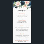 Menu Mariage Boho bleu bleu bleu rose bleu marine<br><div class="desc">Belle carte de menu mariage de boho fleuris avec des graphiques à florale d'aquarelle peinte à la main / roses dans les tons riches de bleu marine et rose rousse / pêche et charmante police de style de lettrage manuel. Veuillez me contacter pour toute aide sur la personnalisation ou si...</div>