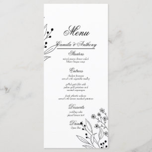 Menu Mariage Boho floral noir et blanc