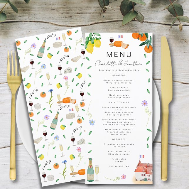 Menu Mariage Boho français Citrus (French citrus boho watercolor wedding menu with wine and french cheese, musical notes, florals )