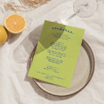 Menu Mariage Boho moderne et brillant de couleur rétro<br><div class="desc">Un menu de dîner mariage moderne et coloré rétro et moderne. Ce qui présente le design modèle chic de boho vintage vert pâle arrière - plan et bleu typographie et menu écrit à la main en bleu. Et un arrière - plan vert verdoyant. Parfait et assorti à toute la suite....</div>