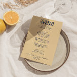 Menu Mariage Boho moderne et brillant de couleur rétro<br><div class="desc">Un menu de dîner mariage moderne et coloré rétro et moderne. Ce qui présente le design modèle chic de boho vintage pêche jaune arrière - plan et oxford bleu typographie et menu écrit à la main en bleu. Et un arrière - plan vert verdoyant. Parfait et assorti à toute la...</div>