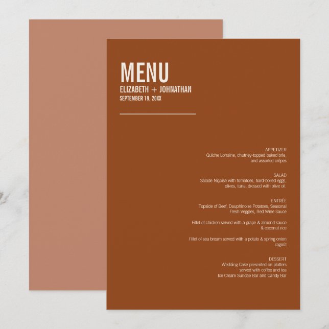 Menu Mariage Boho Terracotta Typographie (Devant / Derrière)