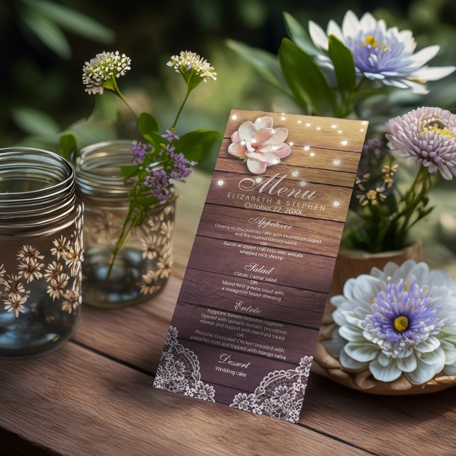 Menu mariage Bois rustique Floral String Lights (Créateur téléchargé)
